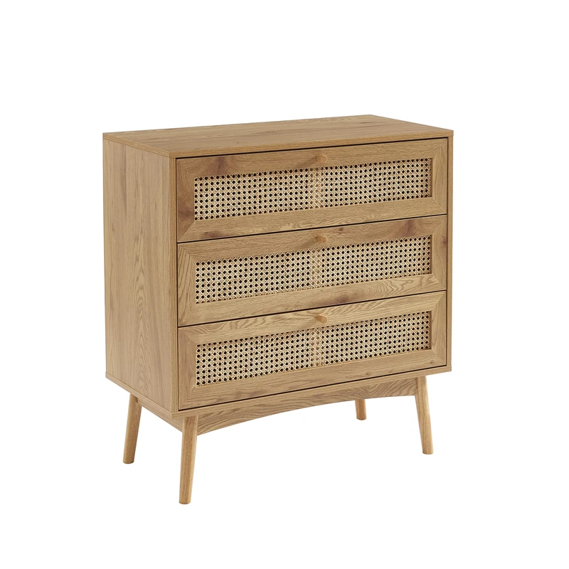 BAÏTA INES Chest of Drawers, oak effect and cane, 3 drawers, 80cm