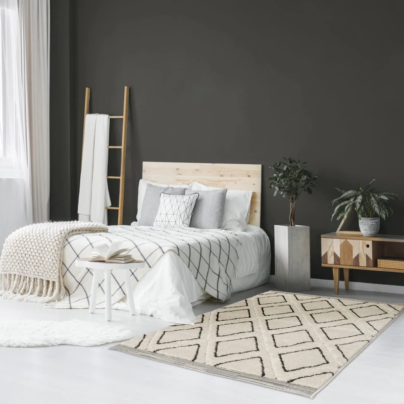 Berber Living Room Rug, Rug for Living Room, Bedroom, Soft and Comfortable, Easy Care, Flat Woven and Thickness 22 mm, 100% Polypropylene, 120 x 170 cm, Black - Cream - Image 1