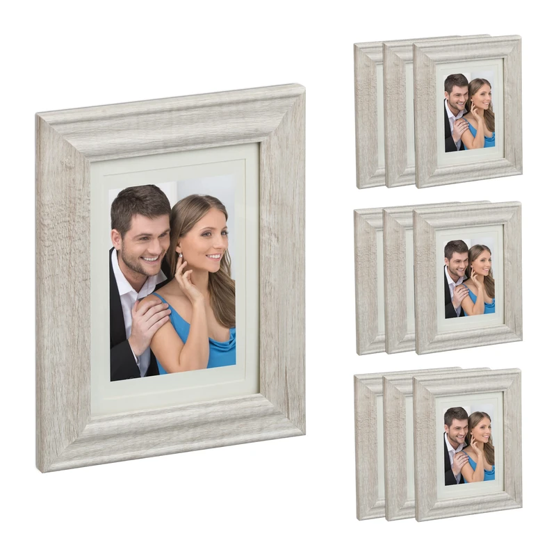 Relaxdays 10x Picture Frames, 13x18cm, Portrait & Landscape Format, to Hang, Stand, Passepartout, Wooden Optics, Natural, Fibreboard, 23.5 x 18.5 x 1.5 cm