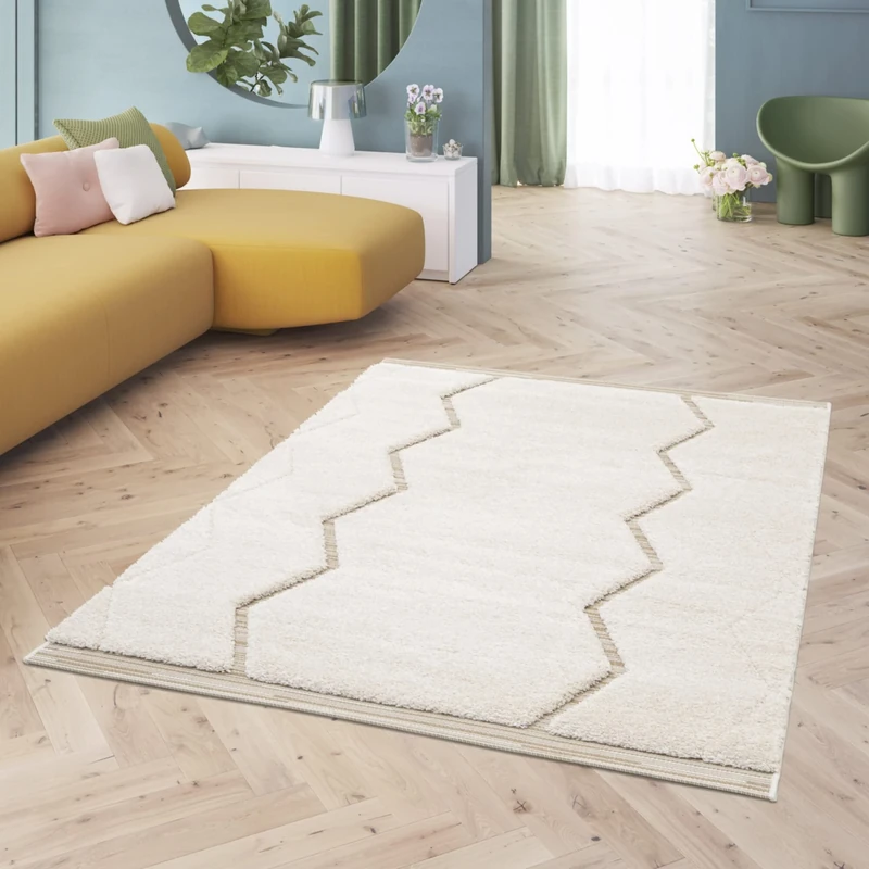 Living Room Rug Geometric Scandinavian Ghost, Berber Rug for the Living Room - Bedroom, Flat Woven and Pile Height 22 mm, 3D Effect, 100% Polypropylene, 160 x 230 cm, Cream - Beige