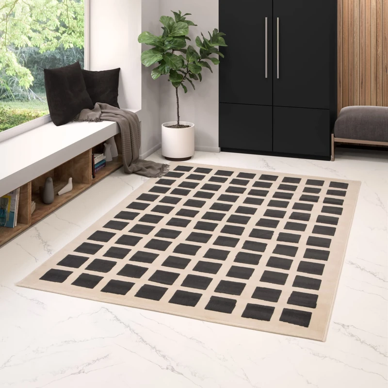 Rugs Essentials BALTA Living Room Rug, Modern Checkerboard Rug, Machine-Woven Short Pile Indoor Rug for Living Room and Bedroom, Easy Care, Polypropylene, 160 x 230 cm, Black - Cream