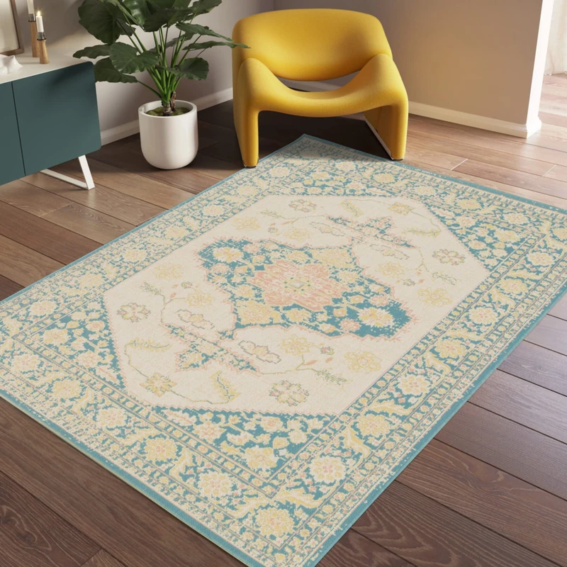 BALTA Vintage Pastel Outdoor Rug, Flat Woven Rug Ideal for Outdoors on the Terrace or Indoor in a Living Room - Bedroom, Mechanical Weaving, Polypropylene, 120 x 170 cm, Blue - Yellow - Image 1