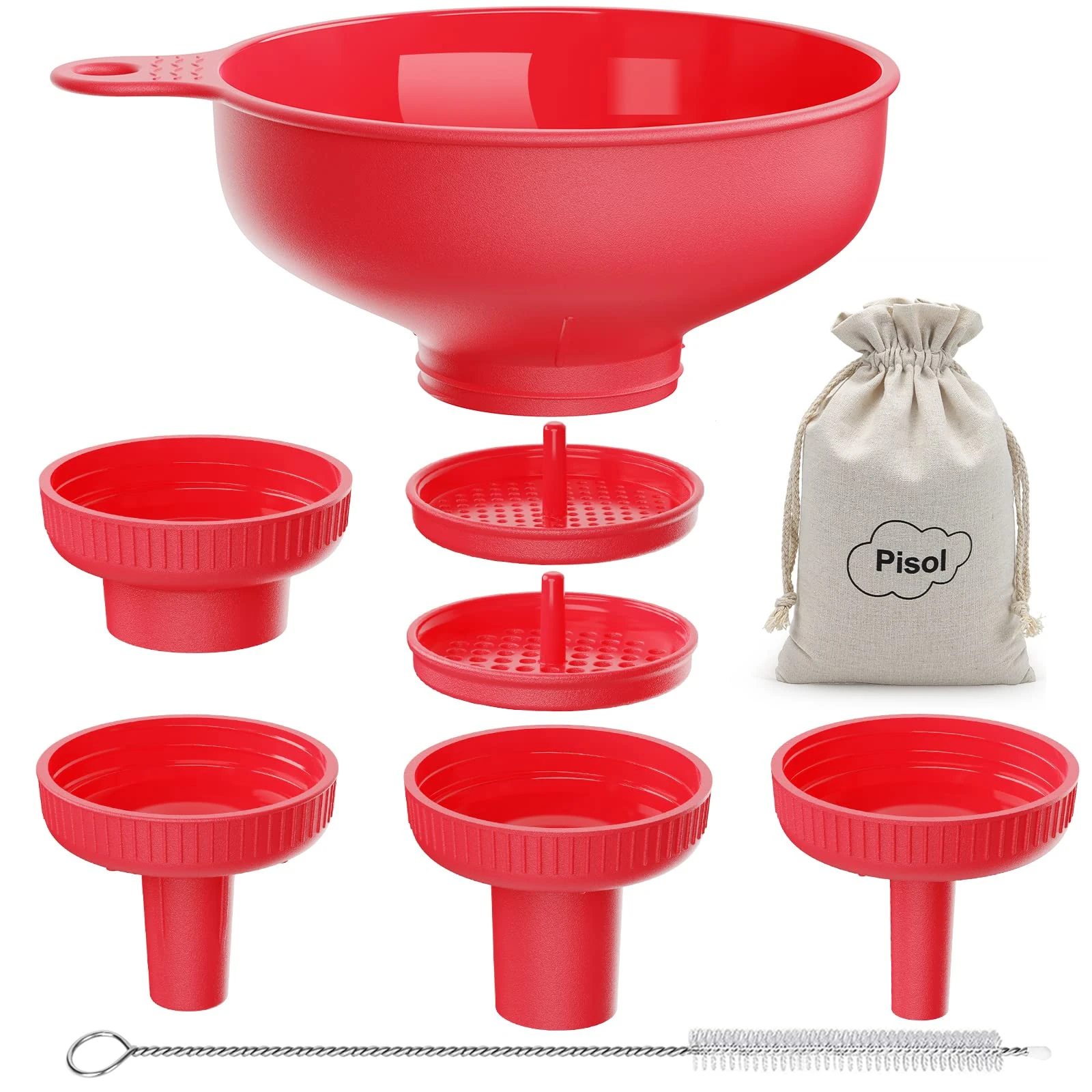 Pisol Wide Mouth Versatile Funnel, Canning Funnels for Kitchen Use, Food Grade Plastic Cooking Funnel Set with 4 Size Spouts and 2 Strainers for Filling Different Bottles and Bags, Red