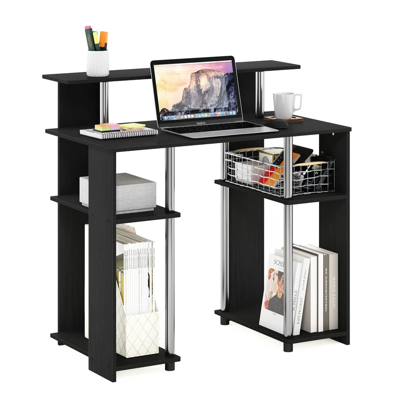 Furinno Computer Writing Desk, Engineered Wood, Americano/Stainless Steel, 51.49 (D) x 90.5 (W) x 90.6 (H) cm