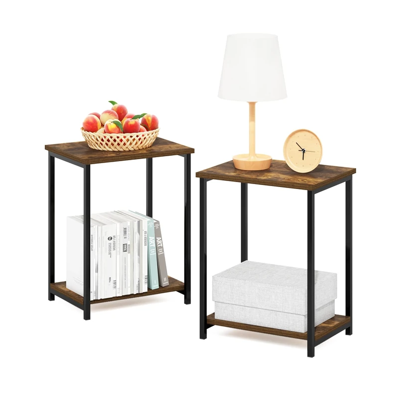 Furinno SIMPLISTIC Side Table Set of 2, 2-Tier Metal Frame End Table with Open Shelf, Night Stand, Bedside Table, for Living Room, Bedroom, Amber Pine