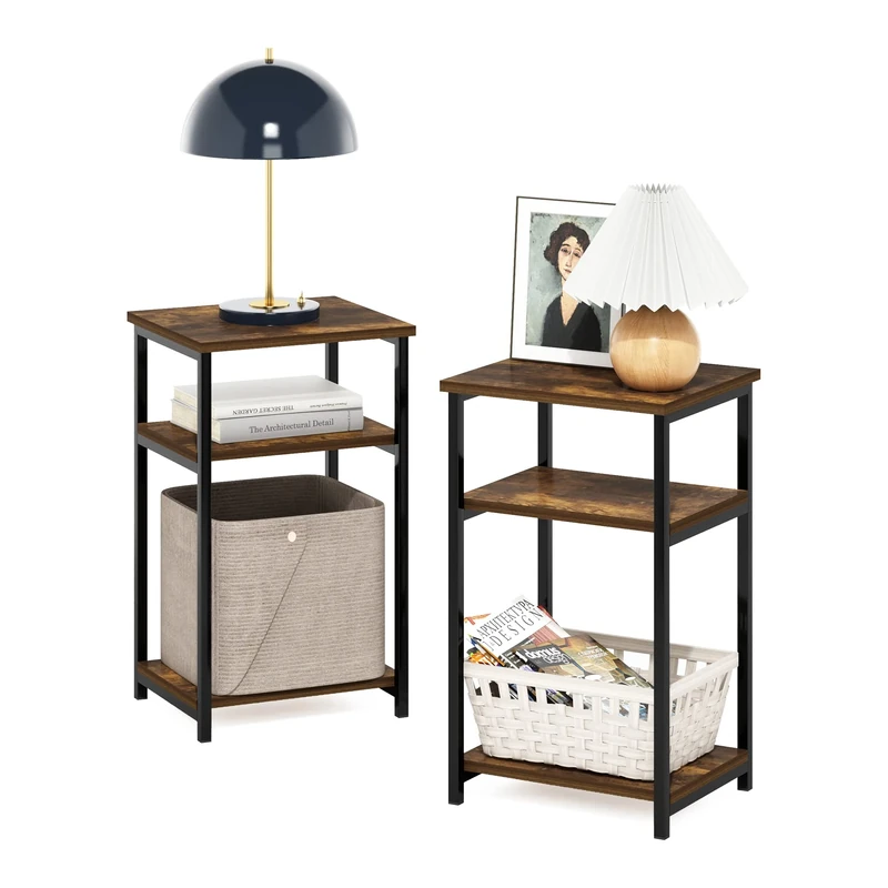 Furinno JUST Side Table Set of 2, 3-Tier Metal Frame End Table with Open Shelf, Night Stand, Bedside Table, for Living Room, Bedroom, Amber Pine
