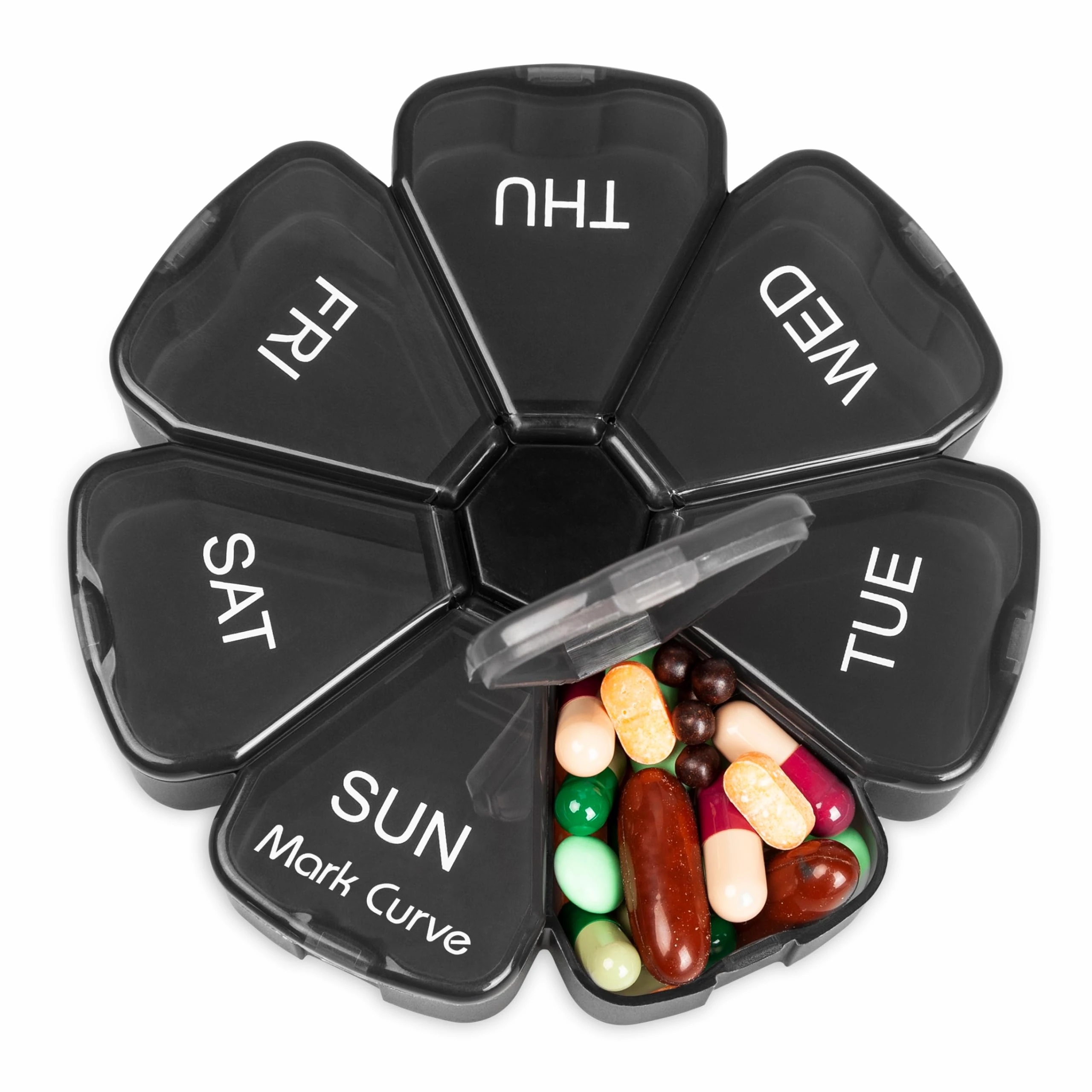 Portable Weekly Pill Box Organiser | Easy to Open 7 Day Premium Quality Tablet Box | Travel Pill Case with Snap Shut Lids |Tablet Organiser for Vitamins, Supplements & Medicine - Mark Curve