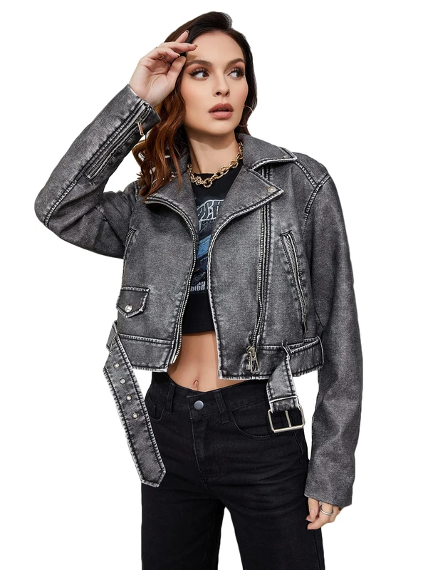 LY VAREY LIN Women Faux Leather Cropped Jacket Lapel Zipper Biker Short Coat with Belt, L2311black, Medium