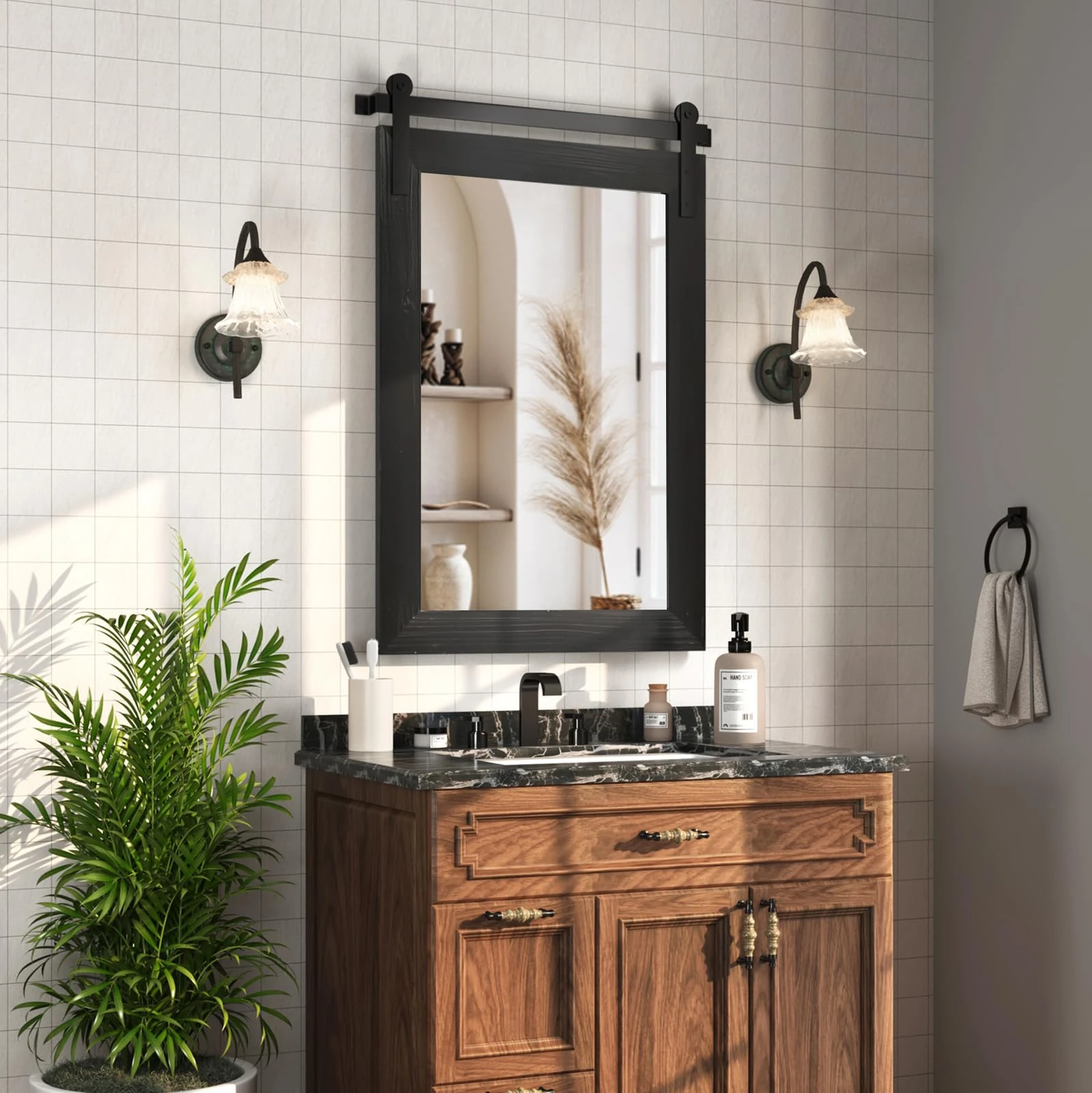 COGOOD Farmhouse Bathroom Mirror - 39 x 28 Rustic Barn Door Style Mirror for Living Room, Entryway, Vanity Wall Decor (Black)