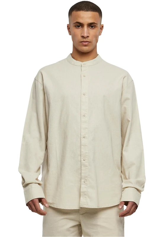 Urban Classics Men's Cotton Linen Stand Up Collar Shirt Shirt, Softseagrass,