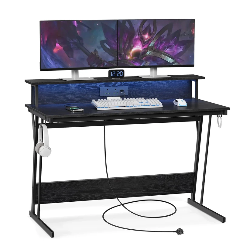 VASAGLE Gaming Desk with LED Lights and Built-In Power Outlets, Computer Desk with Monitor Shelf, Gaming Table for 2 Monitors, Office Desk, for Bedroom, 60 x 120 x 76 cm, Ebony Black LWD292B56