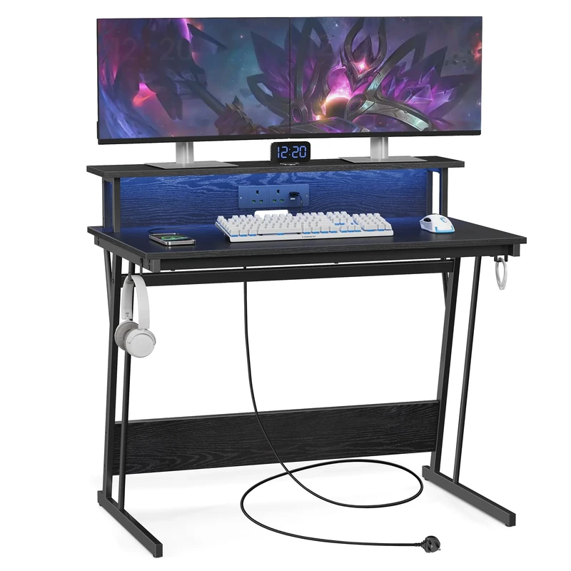 VASAGLE Gaming Desk with LED Lights and Built-In Power Outlets, Computer Desk with Monitor Shelf, Gaming Table for 2 Monitors, Office Desk, for Bedroom, 60 x 100 x 76 cm, Ebony Black LWD291B56