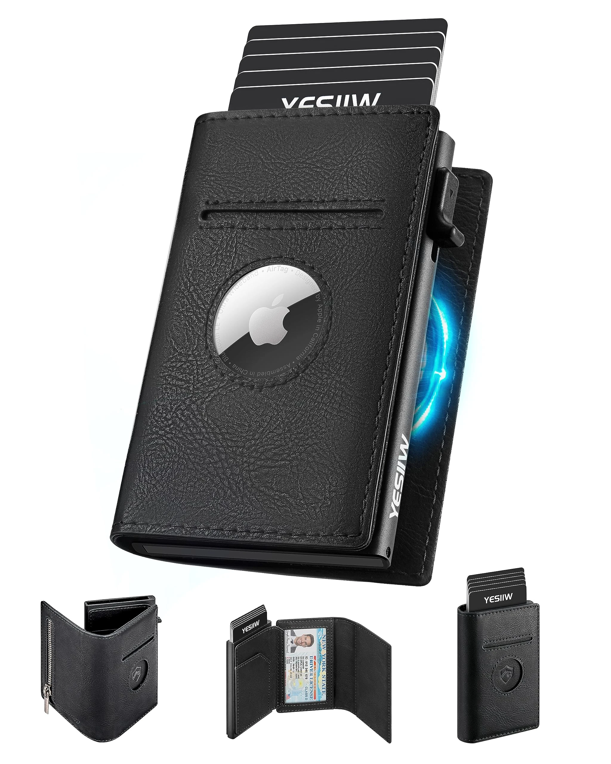 YESIIW Airtag Wallet for Men Compatible with Apple AirTag, RFID Blocking Leather Smart Wallet Air Tag Wallets, Pop Up Card Holder with Money Clip and ID Window Black