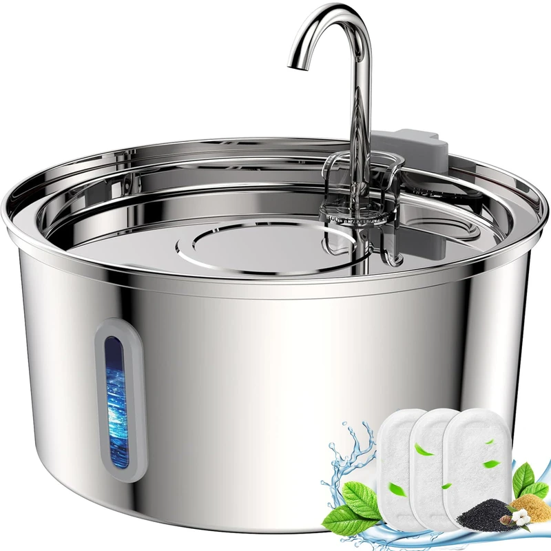 Tomxcute Cat Water Fountain,Stainless Steel Cat Fountain 3.2L/108oz Automatic Pet Fountain with Water Levels Window,Ultra-Quiet Pump and 3 Replacement Filters & for Multiple Pets