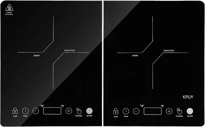 KPUY Portable Double Induction Hob - 3500W - 21 Temperature Levels - 10 Hour Timer - Safety Lock for Children - Touch Control Sensory