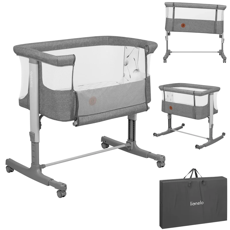 lionelo Aurora 3in1 Baby Bedside Cot Co-Sleeper for Babies From Birth to 9kg, Adjustable Height & Incline, Mattress, 4 Lockable Wheels, Breathable, Portable, Washable, Bag, Straps
