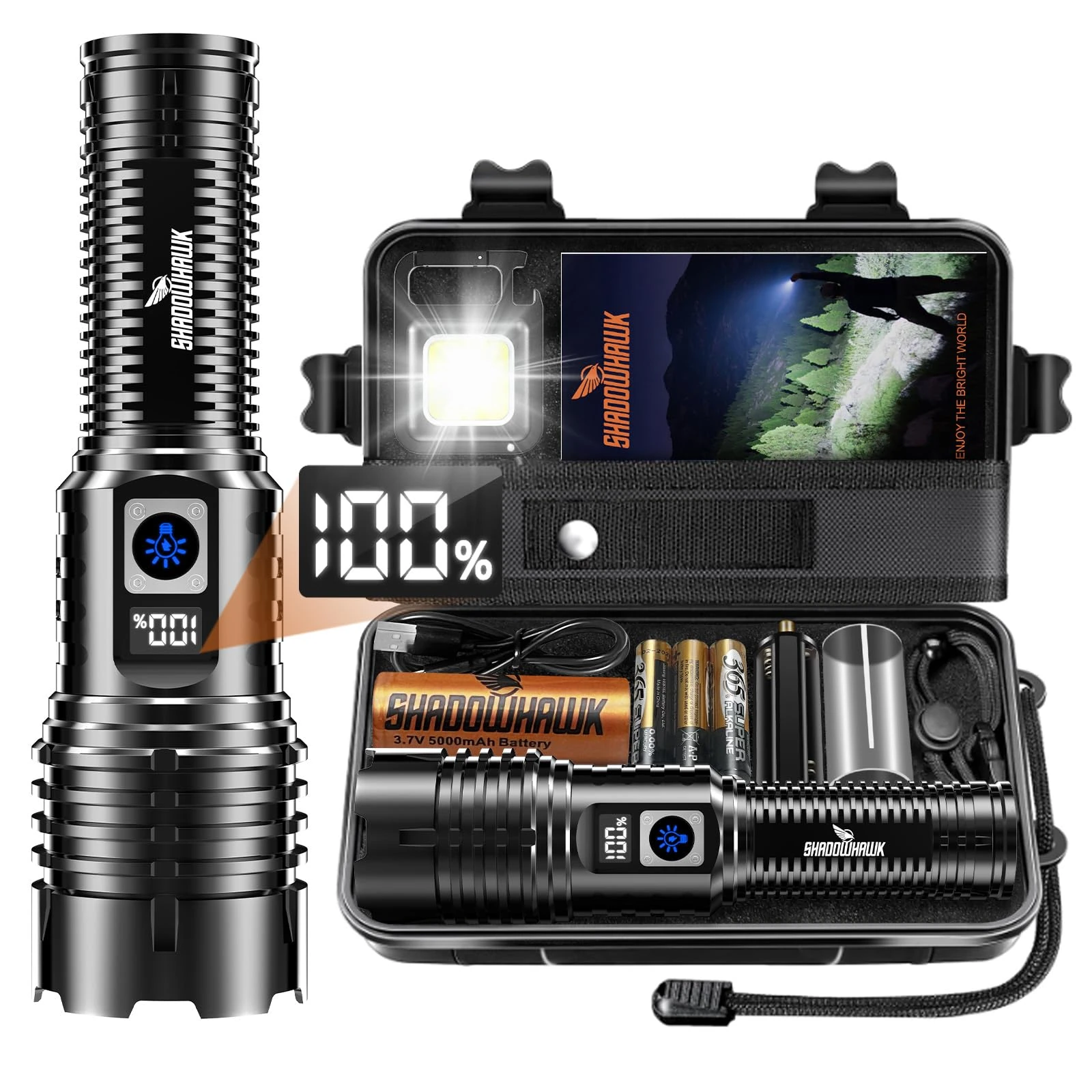 Shadowhawk XHM77.2 Ultra Powerful LED Flashlight, 1000000 Lumens USB Rechargeable Torch, IP67 Waterproof Torch, 5 Modes Flashlight for Camping Hiking Emergency