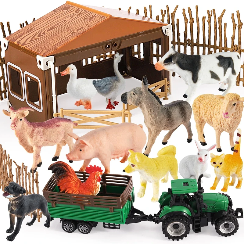 BUYGER Farm Animals Figures Set with Tractor Trailer Playset
