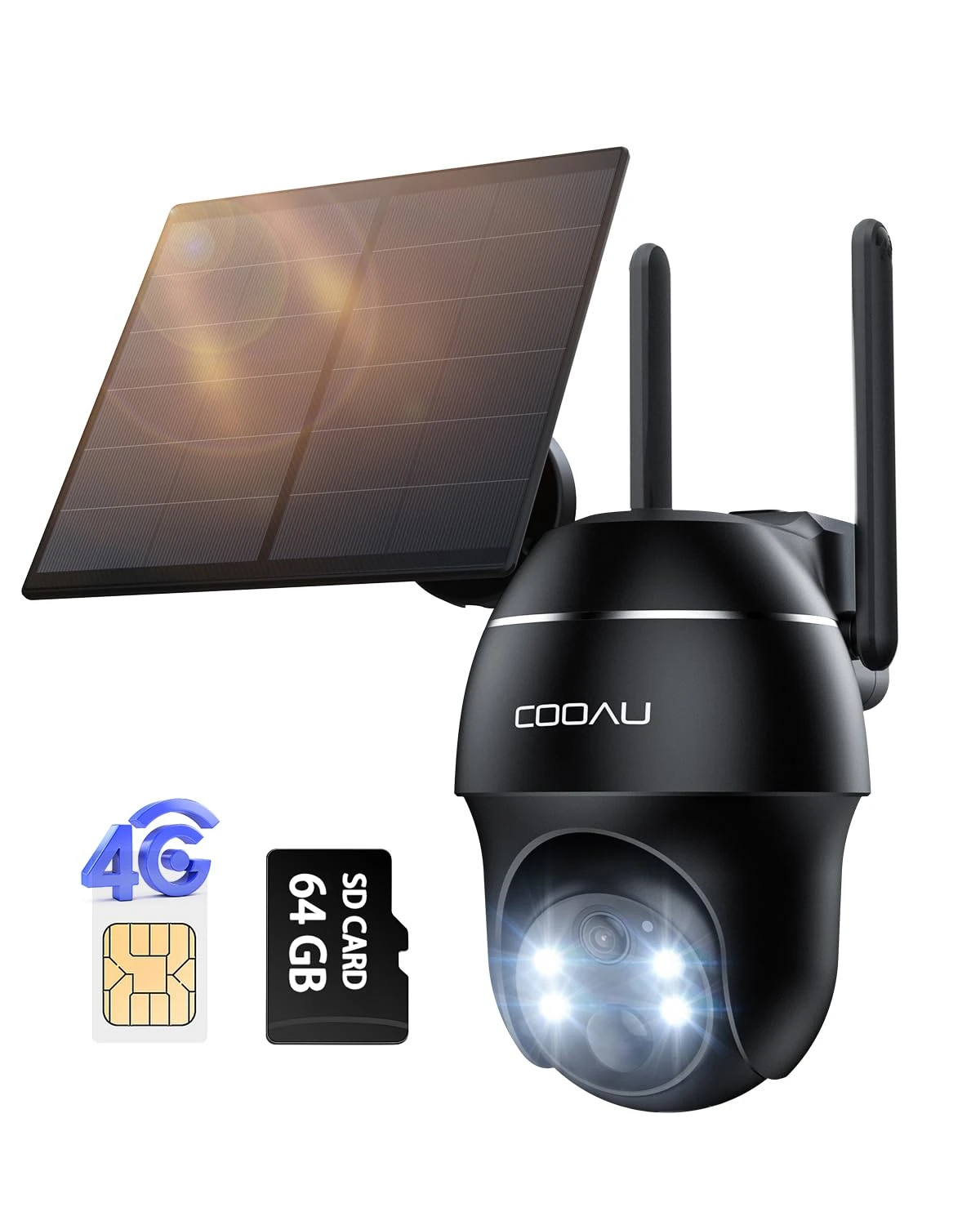 COOAU 4G LTE Cellular Security Camera Outdoor Wireless with SIM Card&64GB Card Storage, 2K 360° PTZ Battery Camera,Solar No WiFi Wireless CCTV Camera,Motion Detection,No WIFI Security Camera