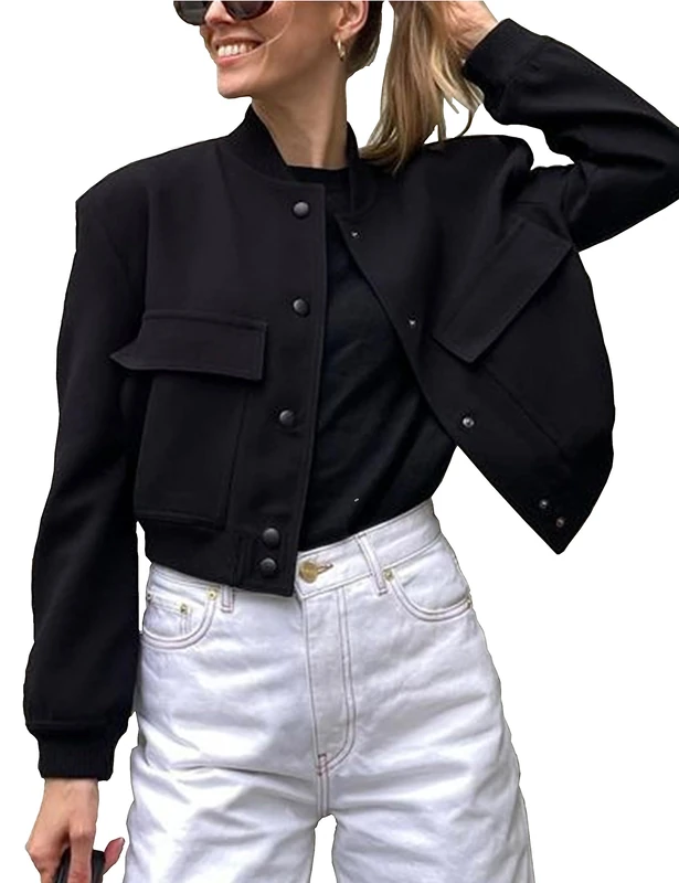 Megfie Womens Cropped Bomber Jacket Button Down Varsity Jackets Shackets With Pockets, Black, M