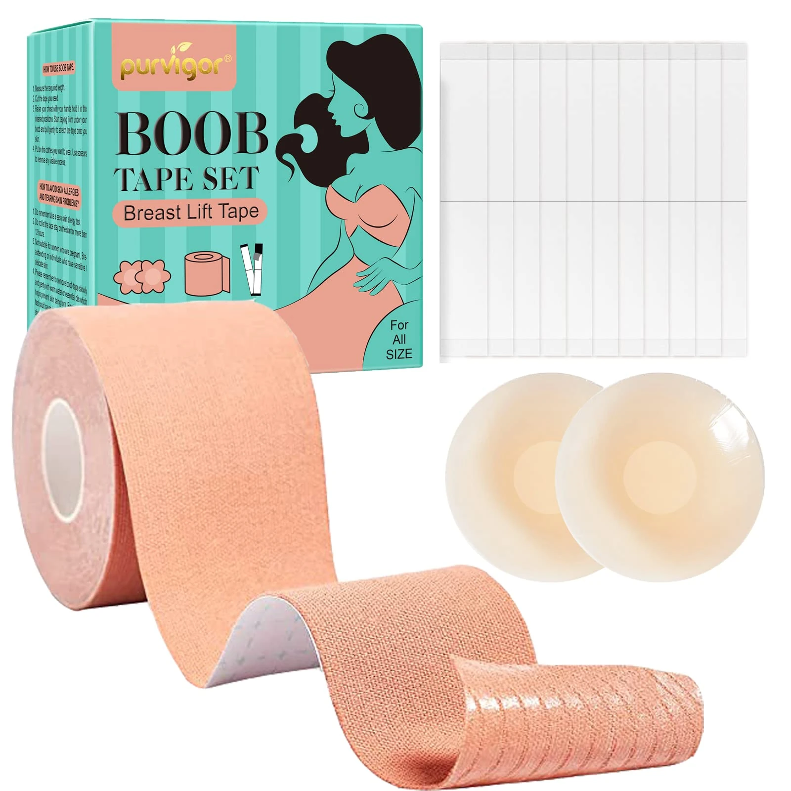 Boob Tape - Breast Lift & Support, Suitable for A-F, Includes 1 Pair Silicone Nipple Covers & 40 Pcs Double Sided Tape, Beige