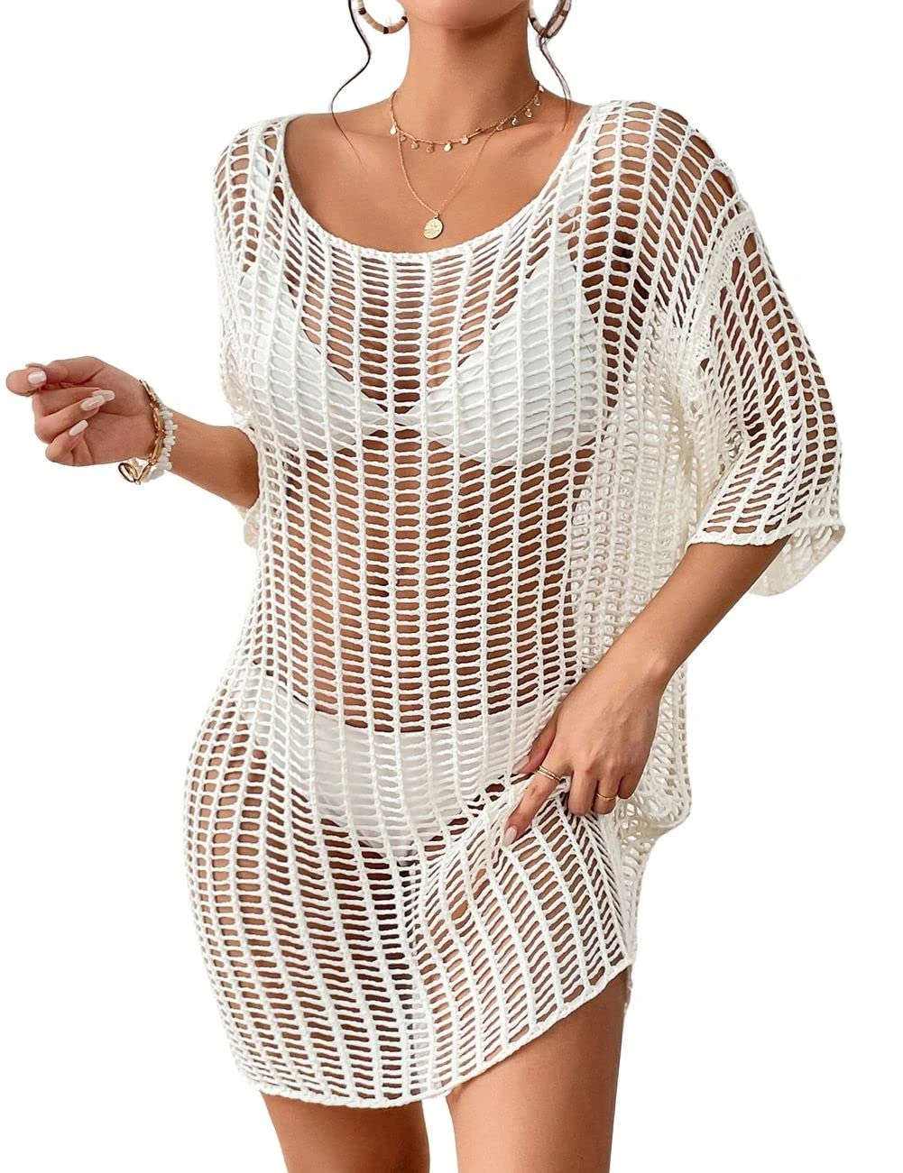 Bsubseach Crochet Cover Ups for Swimwear Women Hollow Out Mesh Swimsuit Beach Bikini Tunic Top White