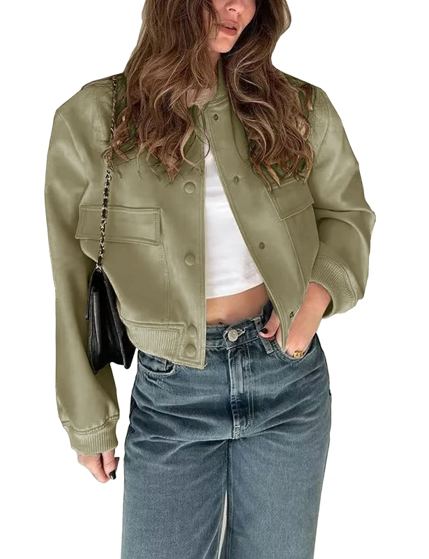 Megfie Womens Cropped Bomber Jacket Button Down Varsity Jackets Shackets With Pockets, Green, S