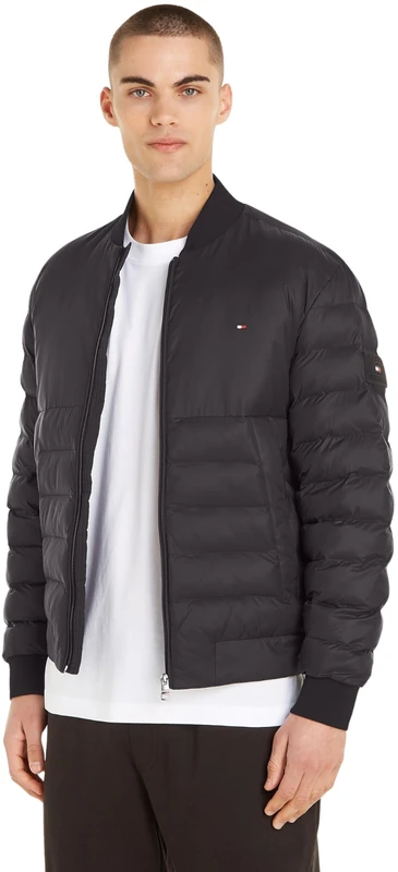 Tommy Hilfiger Men Packable Recycled Quilt Bomber Woven Jackets, XXL, Black