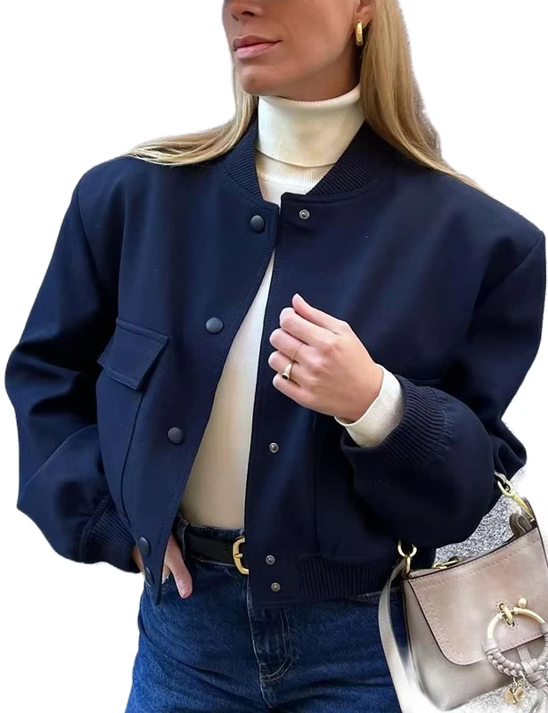 Megfie Womens Cropped Bomber Jacket Button Down Varsity Jackets Shackets With Pockets, Darkblue, M - Image 1
