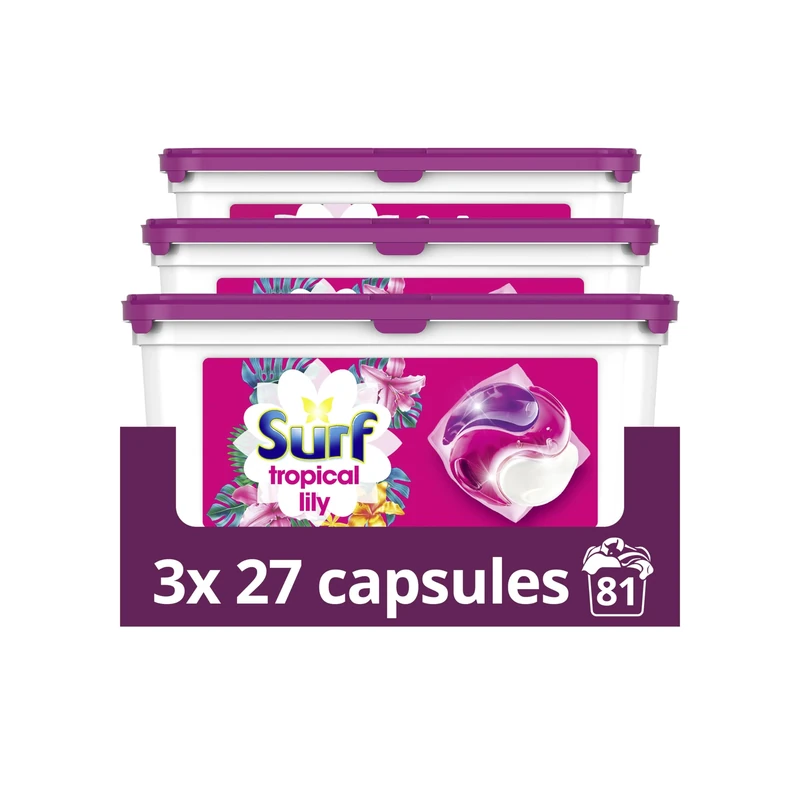 Surf Tropical Lily 3 in 1 Capsules Washing Capsules even more fragrance* for brilliantly clean laundry every time 3x 27 capsules (81 washes)