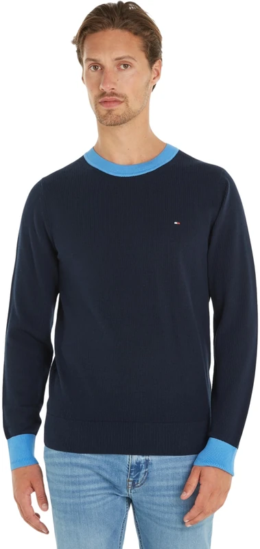 Tommy Hilfiger Men Chain Ridge Structure C Neck Pullovers, Blue, M