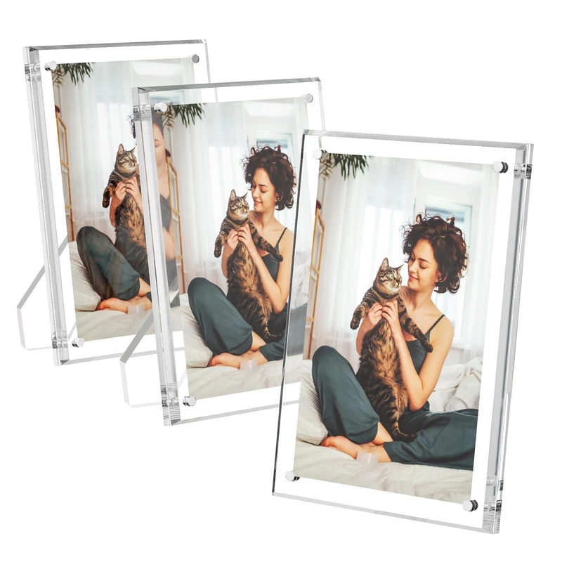 AITEE 5x7 Acrylic Picture Frames 3 Pack, Clear Picture Frames with Stand, Magnetic Frame Acrylic Lucite Frameless Transparent Cubes Floating Gift for Home Office Desktop Display Horizontally or