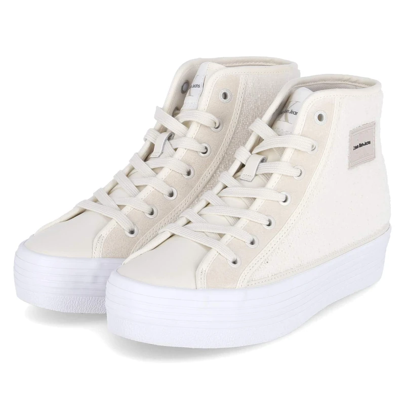 Calvin Klein Jeans Women Bold Vulc FLATF HIGH T ML FAD Sneaker, Creamy White/Bright White, 6