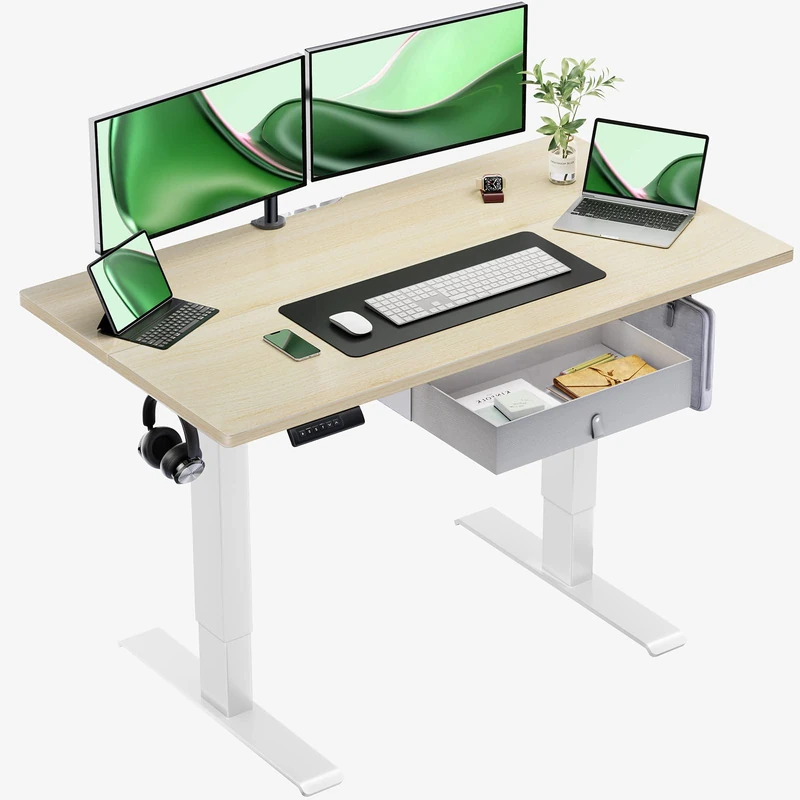 Marsail Standing Desk Adjustable Height, Electric Standing Desk with Starage Bag, Stand up Desk for Home Office Computer Desk with 4 Memory Preset and Headphone Hook, Beige,100 x 60 cm - Image 1