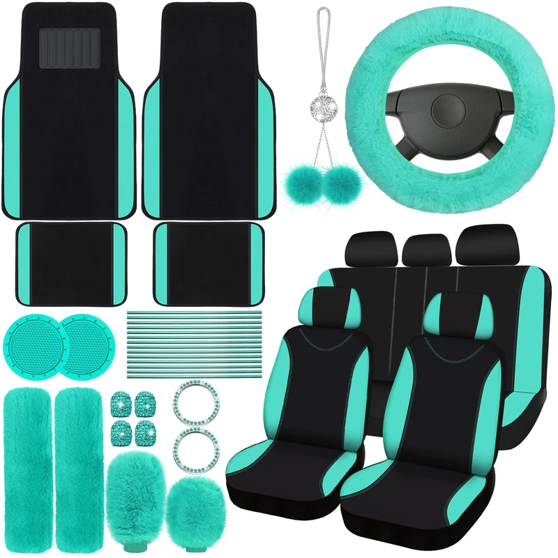 Woanger 47 Car Seat Cover Full Set for Women Included Car Front Rear Seat Fluffy Steering Wheel Cover Belt Automotive Floor Mats Air Conditioner Decoration Strip Universal(Mint Green)