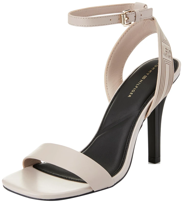Tommy Hilfiger Women Sporty Leather High Heel Sandal, Heel Sandal, Grey, 4