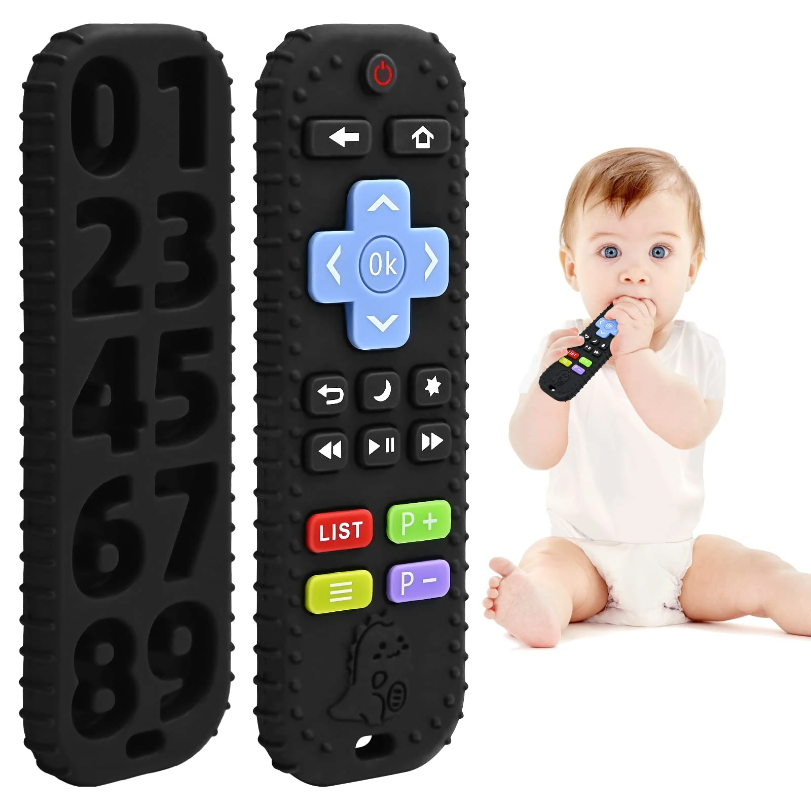 Teething Relief Teethers Toys for Babies 3-6 12 Months Gifts, Silicone Remote Control Baby Teether Bath Toys for 3 6 9 Months Newborn Infant Boy Girl Autism, Food Grade Silicone Sensory Toys, Black