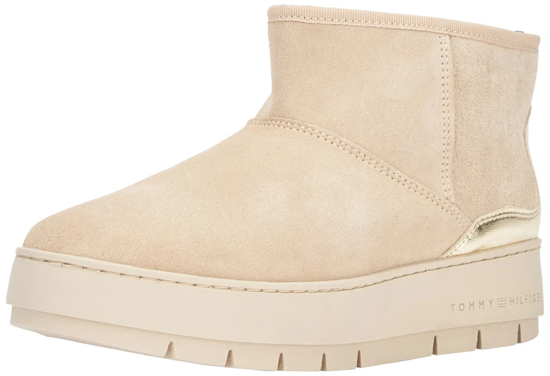 Tommy Hilfiger Women Metallic Suede Snowboot, Ankle Boot, White Clay, 4