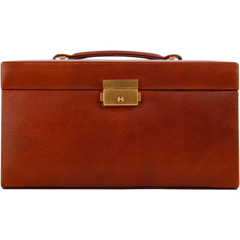 Time Resistance Jewelry Box - Genuine Leather Jewellery Organizer - Accessories Storage Key Lock Box for Women (Cognac Brown)
