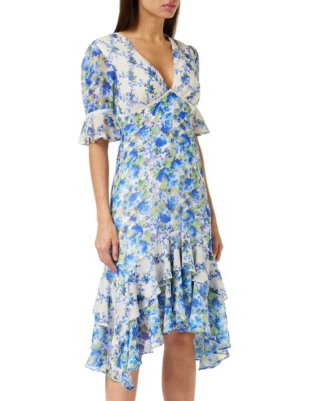 Hope & Ivy The Indigo Contrast Floral Ruffle Hem Midi Dress with Low Back Cut Out