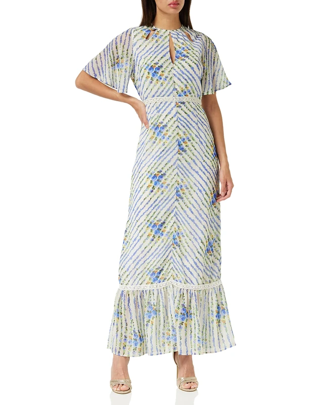 Hope & Ivy The Hedda Flutter Sleeve Maxi Dress with Lace Trim and Neckline Cut Outs Blue/White