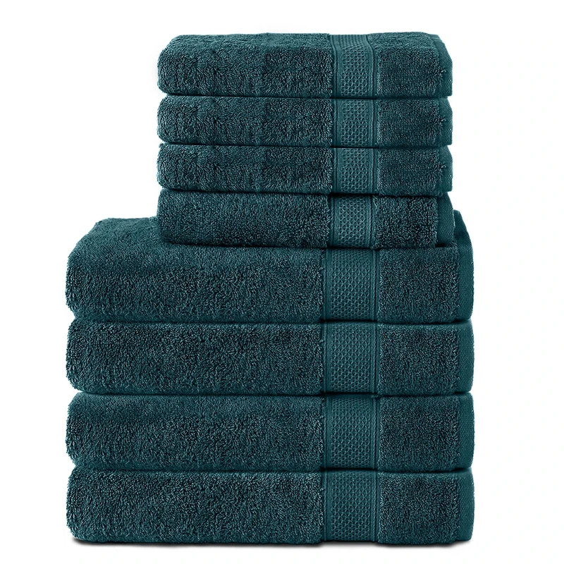 Komfortec Set of 8 Hand Towels 100% Cotton, 4 Bath Towels 70 x 140 cm and 4 Hand Towels 50 x 100 cm, Terry Towelling, Soft, Towel, Large, Petrol Blue