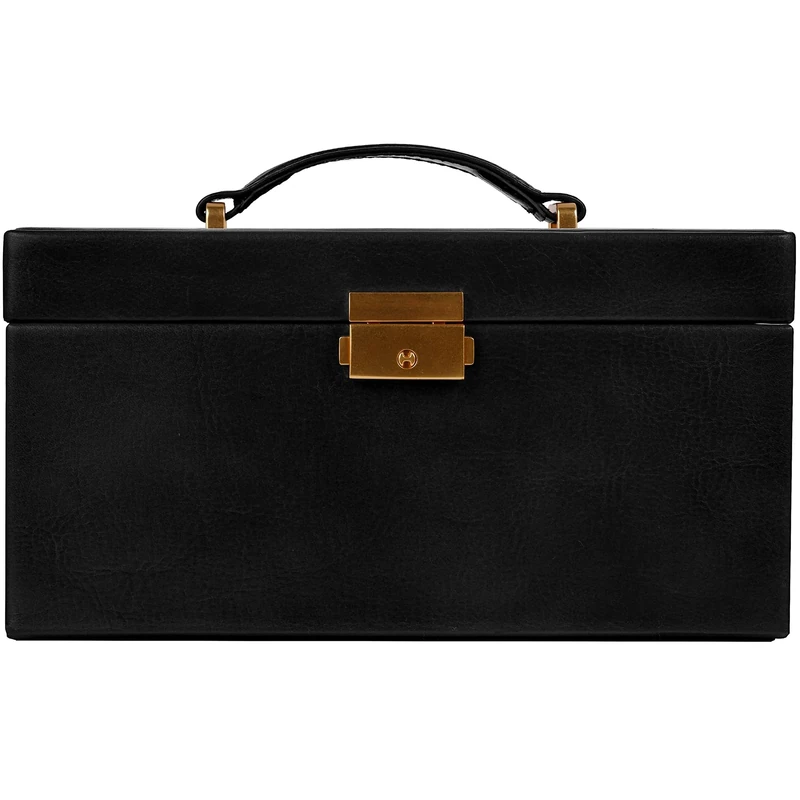 Time Resistance Jewelry Box - Genuine Leather Jewellery Organizer - Accessories Storage Key Lock Box for Women (Black)