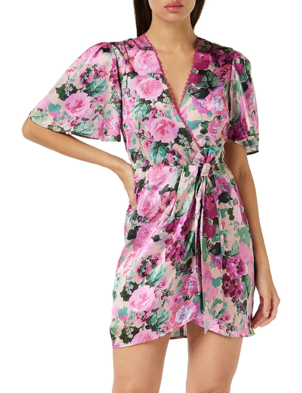 Hope & Ivy The Lana Flutter Sleeve Satin Wrap Mini Dress with Waist Bow Detail Pink - Image 1
