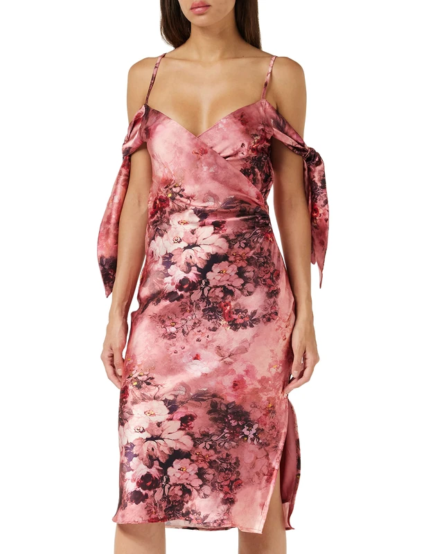The Talia Tie Drop Sleeve Midi Cami Dress in Tonal Floral Satin Pink