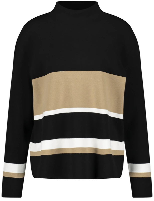 Gerry Weber Women's Fine Knit Turtleneck Long Sleeve Striped Jacquard Jumper, Black/Ecru/White Stripes, 14