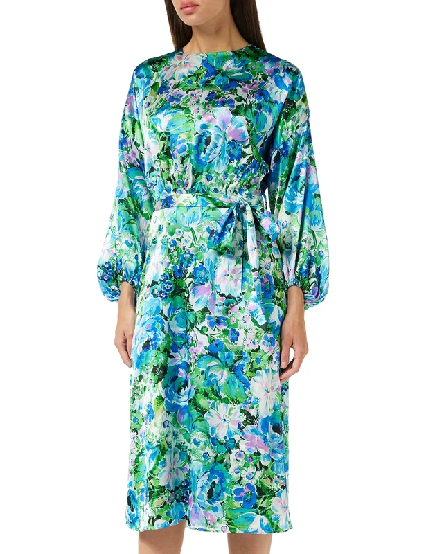 Hope & Ivy The Arielle Satin Floral Midi Dress with Blouson Sleeve Blue/Green