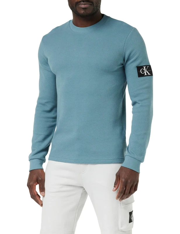 Calvin Klein Jeans Badge Waffle LS TEE L/S Knit Tops Men's, Blue (Goblin Blue), XL