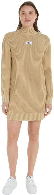 Calvin Klein Jeans Women Washed Monologo Sweater Dress Sweater Dresses Beige, M - Image 1