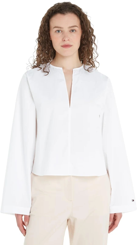 Tommy Hilfiger Women Cotton Solid V-Neck Blouse Woven Tops, White, 38